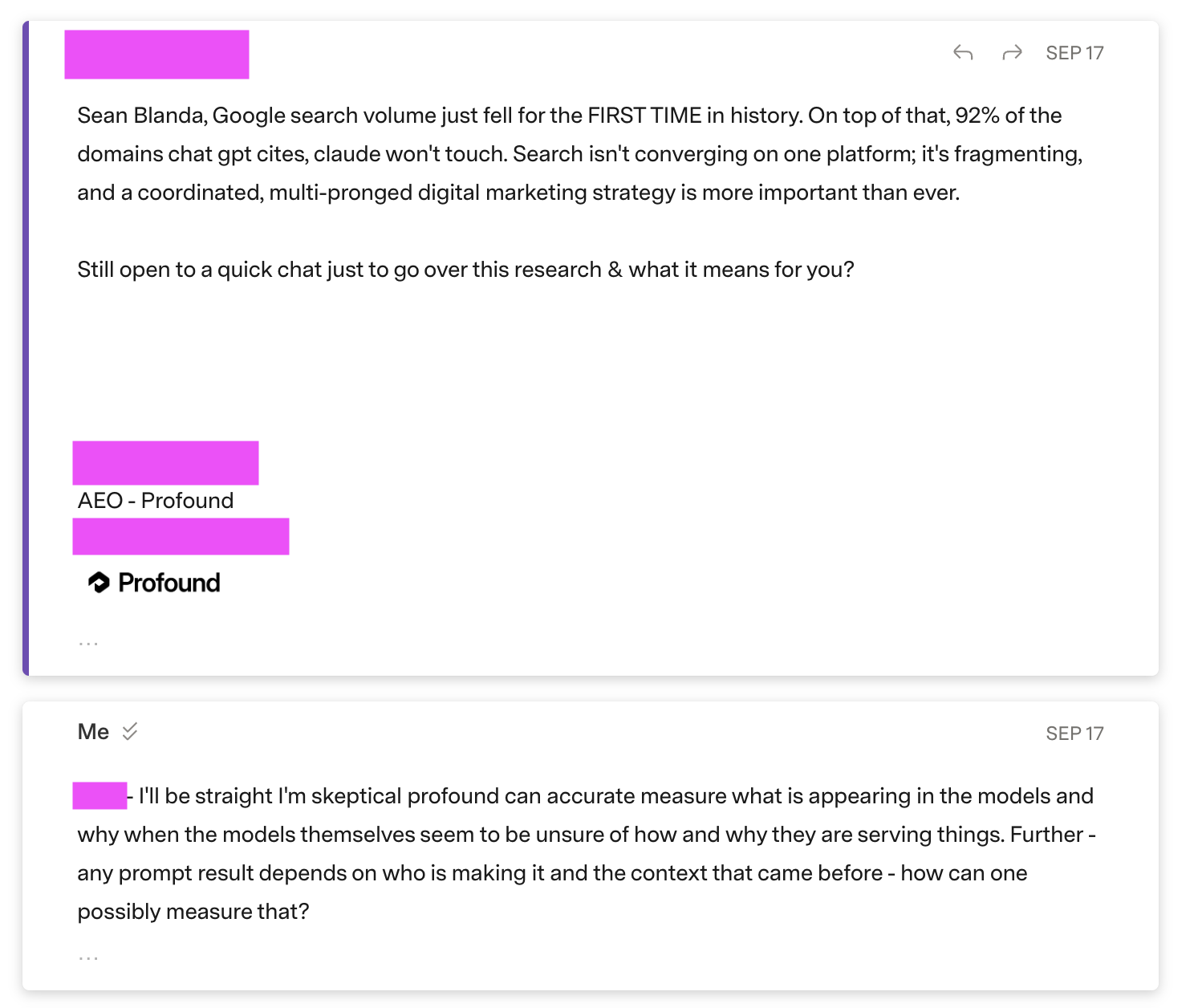 A sales email from an AEO vendor and Sean’s reply questioning whether AI visibility can be measured.